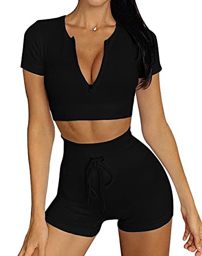 HCKG Womens 2 Piece Workout Sets Ribbed Short Sleeve Zipper Crop Tops and Seamless High Wasit Yoga Shorts Set Active Wear Outfits Black M