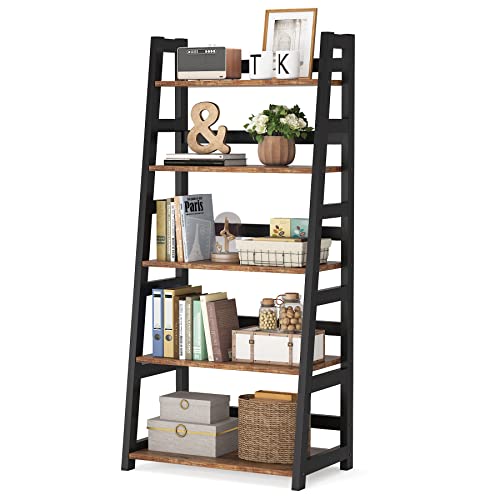 Tribesigns Ladder Bookshelf, 5-Tier Tall Ladder Shelves , Vintage Leaning Bookshelf Large Plant Flower Stand Storage Rack for Kitchen, Home, Office and Living Room (Brown)