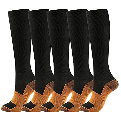 Copper Compression Socks Men Women 15-20 mmHg Circulation Compression Stockings for Medical, Running, Athletic, Nurse, Travel (Large-X-Large, Black 5 pairs)