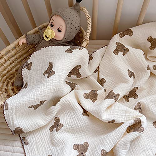 47×51 4 Layer Super Soft 100% Cotton Muslin Bedding Swaddle Nursery Blanket for Baby Girls Boys Infant Newborn Unisex Brown Teddy Bear Animal Print Cute Natural Beige Color Summer Extra Large Size