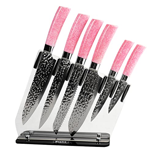 Kitchen Knives Set, High Carbon Stainless Steel Knife Set 7PCS, Super Sharp Cutlery Knife Set with Clear Acrylic Stand, Knife Block Set (Pink)