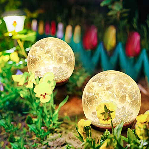 Kowvos Globe Solar Lights Outdoor Garden 2 Pack, Crackle Glass Ball Waterproof Warm White LED for Outdoor Decor Decorations Yard Pathway Patio Lawn