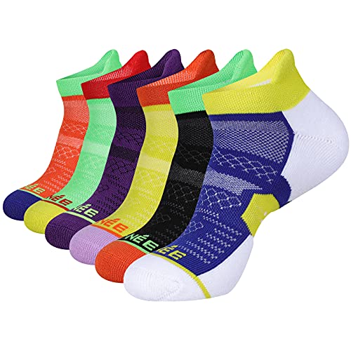 JOYNÉE 6 Pack Men’s Running Ankle Socks with Cushion, Low Cut Athletic Sport Tab Socks,Multicolor,Sock Size 10-13