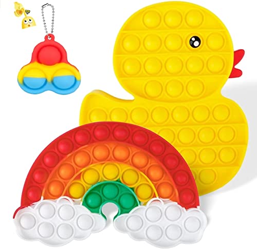 [Newest Design] 2PCS Push Pop Bubble Fidget Sensory Toy + 1PCS Toy Keychain, Autism Special Needs Stress Reliever, Playing Board Emotion Anxiety Relief Tool for Kids Adults (Duck+Cloud+Toy Keychain)