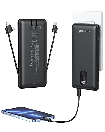 Charmast Portable Charger with Built-in Cables, 10000mah Power Bank, 5 Output Ultra Slim LED Display, Built-in AC Plug, USB C & Micro, Three Cables Integrated Battery Pack for iPhone Samsung iPad