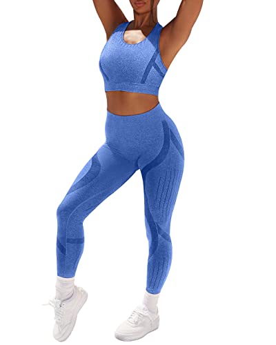 OYS Workout Set for Women 2 Piece Seamless High Waist Matching Yoga Gym Activewear Outfits Blue
