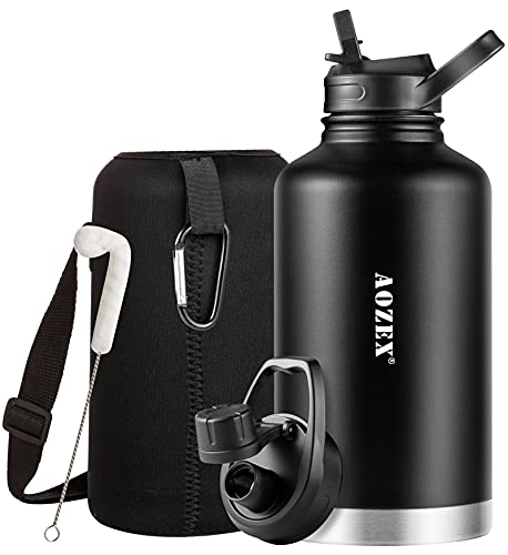 64 OZ Insulated Water Bottle With Straw, AOZEX Stainless Steel Half Gallon Water Bottle Big Water Jug, 1/2 Gallon Large Water Bottle Wide Mouth Sports Metal Water Bottle With BPA Free Spout Lid, Black
