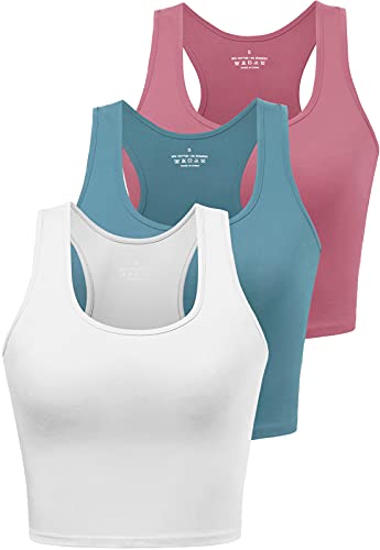 Porvike Sports Crop Tank Tops for Women Cropped Athletic Yoga Tops Racerback Running Tanks Cotton Workout Shirts Sleeveless Undershirts Exercise Gym Clothes 3 Pack Blue/White/Rose XL