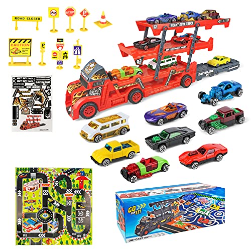Multi-Purpose Vehicles Play Set for Kids Ages 3-6 Years Old,Transport Car Carrier Truck Toy with Play Mat, 8 Mini Cars Toys,9 Road Signs