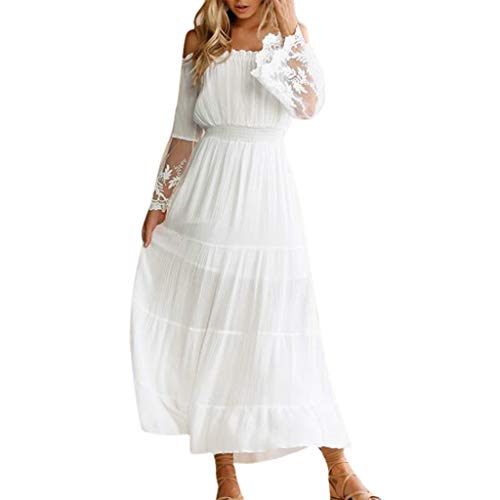 Modedress Summer Dress for Women Bohemian Strapless White Long Maxi Dress Loose Ruffle Long Sleeve Lace Empire Waist Dress, Large