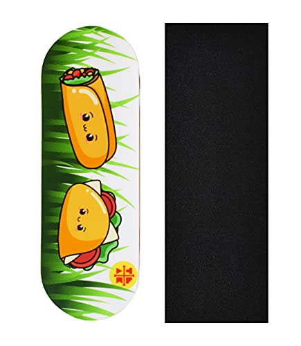 Teak Tuning Premium Fingerboard Graphic Deck, Happy Tacos – 32mm x 97mm – Heat Transfer Graphics, Pro Shape & Size – Pre-Drilled Holes – Includes Prolific Foam Tape