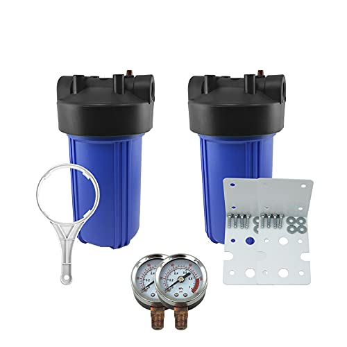 2 Pack 10″ BB Blue Whole House Water System Filter Housing 1″ NPT Brass Ports w/Pressure Release, 2 Pressure Gauges, Wrench and 2 Brackets