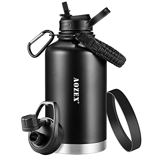 AOZEX Half Gallon Insulated Water Bottle with Straw, 64 oz Stainless Steel Large Metal Water Bottle with Handle, Wide Mouth 1/2 Gallon Big Sports Water Bottle for Gym Workout Camping with Boot, Black