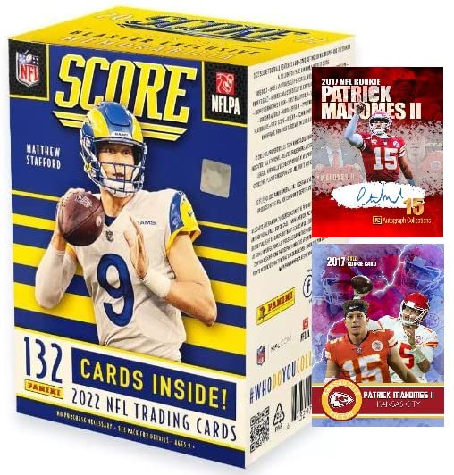 New Release 2022 Panini SCORE Factory Sealed Football Card Blaster Box w/132 Cards (New This Year – Rookies in NFL Uniforms) – Plus Novelty Patrick Mahomes Cards Pictured