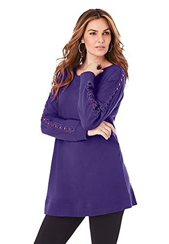 Roamans Women’s Plus Size Crochet Sleeve Sweatshirt Tunic – 4X, Midnight Violet Purple