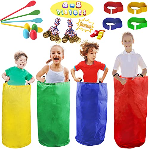 28PCS Potato Sack Race Bags, Egg and Spoon Race, Carnival Games 3-Legged Relay Race Bands, Outdoor Games for Kids and Adults (with Game Prizes & Whistles), Outside Yard Lawn Birthday Party Games