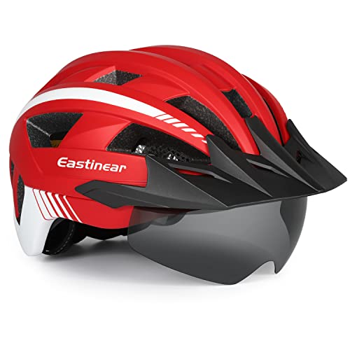 EASTINEAR Adults Bike Helmet with Magnetic Goggle Bicycle Helmet with USB Rechargeable LED Light for Men Women Cycling Helmet with Removable Sun Visor Adjustable Size (L, Red)