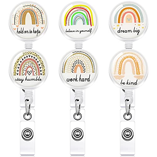 6 Pieces Rainbow Retractable Badge Reel Inspirational ID Name Badge Holders Boho Rainbow Inspiring Badge Reel Motivational Decorative Badge Holder with Clip for Nurse Volunteer Student Teacher (White)