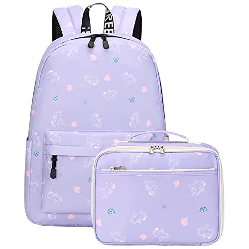 mygreen Cute Unicorn Waterproof Princess School Backpack Set Girls Book Bag with Lunch Box 2pcs Purple