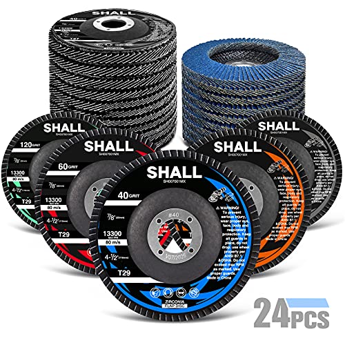 SHALL 24-Pack Flap Disc, 4-1/2″ x 7/8″, Zirconia Grinding Wheel 40/60/80/120 Grit T29 & 40 Grit T27 Angle Grinder Abrasive Sanding Disc with Etched Grit Number Indication, 80pcs Emery Cloth Per Disc