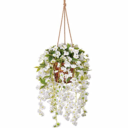 Artificial Wisteria Vine Flowers in Hanging Rattan Basket, Fake Silk Hanging Plant Faux Flower Arrangement with Rattan Rope for Garden Yard Patio Outdoor Home Wedding Party Decoration, White