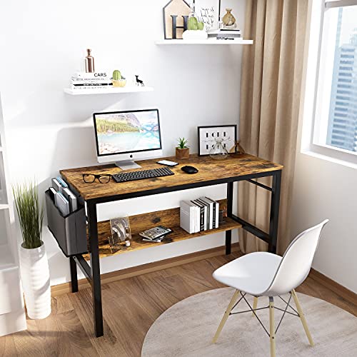 AWQM Modern Home Office Desk, Industrial Computer Desk with Side Bag, Storage Shelves and Iron Hook, Work Table, Study Writing Table, Gaming Desk, Workstation for Small Spaces, Rustic Brown