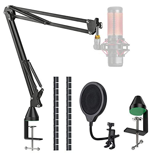 YOUSHARES Upgraded Quadcast Mic Stand with Pop Filter – Scissor Mic Boom Arm and 3 Layers Windscreen Compatible with HyperX Quadcast S Microphone to Improve Sound Quality