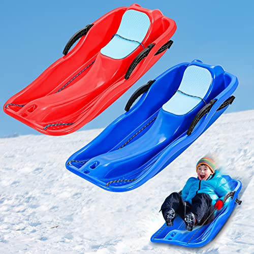 35 Inch Snow Sled Large Snow Sleds for Kids and Adult with 2 Braking Handles Durable Toboggan with Tote Rope Winter Toys