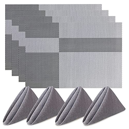 Shnap Placemats with Cloth Napkins Set Heat-Stain Resistant Non-Slip Woven Vinyl for Dining Table Washable Durable PVC Kitchen Table Place Mats with Durable Soft Comfortable Dinner Napkins,Grey