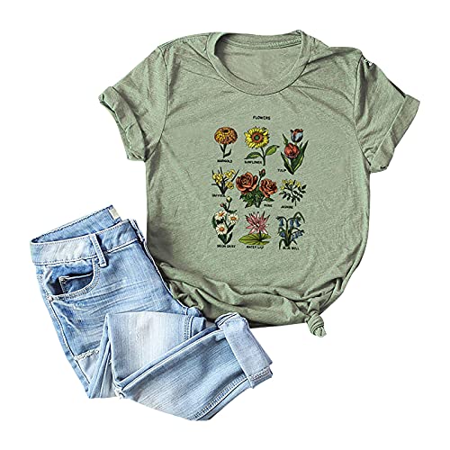 Vintage Botanical Floral Print T Shirts for Women Summer Casual Loose O-Neck Tee Wild Flower Graphic Short Sleeve Tops