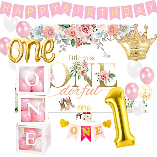 PYCALOW First Birthday Decorations Girl – 1st Birthday Baby Girl Decorations Include Balloons Box, Backdrop, Crown, Banner, High Chair Banner, Topper, Baby First One Year Old Girl Party Supplies