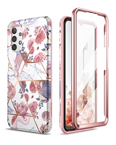 SURITCH Phone Case for Samsung Galaxy A32 5G Case Built-in Screen Protector Front Cover Full-Body Protection Rugged Shockproof Protective Phone Cover for Women Girl Cute, Rose Marble