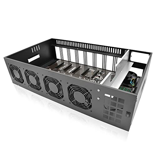 MLLIQUEA 8 GPU Mining Rig Frame, 70mm Mining Machine System & Platform, Barebone Motherboard for ETH/ETC with 4 Cooling Fans, Miner Frame Case with SSD, RAM (Without PSU/GPU)