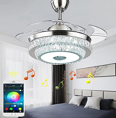 42inch Bluetooth Crystal Ceiling Fan Lights with Music Player and Remote Control Chandelier, Retractable Blades Fandelier with 3 Speed 7 Color Dimmable LED Kit Included