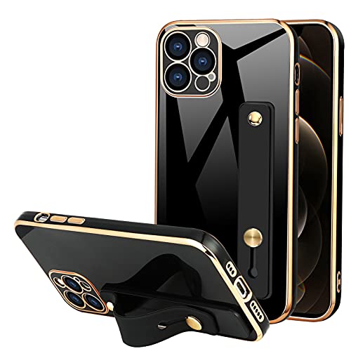 TEAUGHT Case for iPhone 12 Pro Max, Soft TPU Black Plating with Adjustable Wristband Kickstand Slim Thin Cover Anti-Scratch Shockproof Protective Case for Women Girls Men