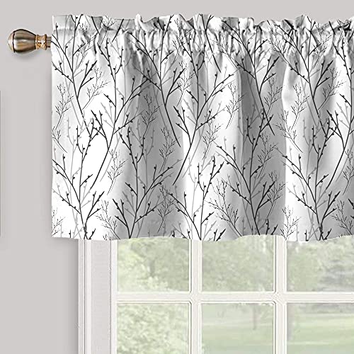 Vigesun Gray Twigs with Buds Kitchen Valances for Windows, Modern Art Floral Print Valance for Living Room Bedroom Cafe Room Darkening Half Window Curtains for Home Decor (52×18 Inch, 1 Panel)