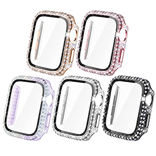 NewWays 5-Pack Bling Cases with Screen Protector Compatible for Apple Watch 42mm, Protective Cover for iWatch SE Series 6 5 4 3 2 1 (42mm, Black/Pink/Rose Gold/Silver/Iridescent)