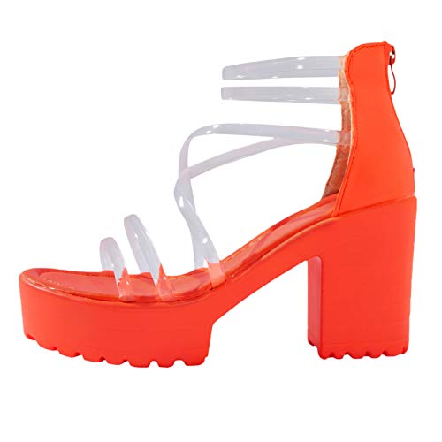 NOLDARES Sandal for Women Summer Casual Open Toe Chunky Heels Wedge Sandals Zipper Platform Clear Sandals, Orange, 10