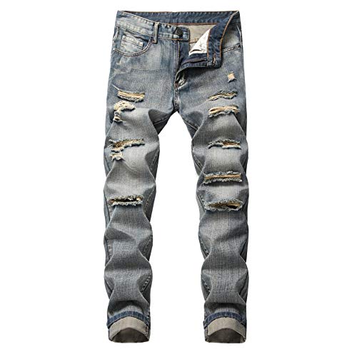 Men’s Skinny Ripped Jeans Slim Fit Straight Leg Distressed Denim Pants Destroyed Washed Jean Trousers (Gray,34)