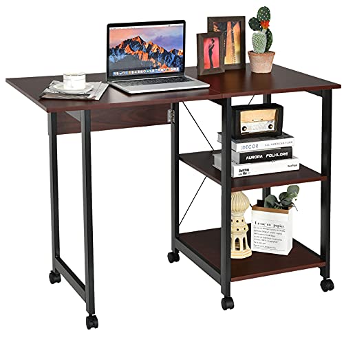 Tangkula Mobile Folding Computer Desk, Modern Writing Desk w/ 2-Tier Storage Shelves, PC Laptop Study Desk Workstation w/ 6 Wheels, Space Saving Compact Home Office Desk for Small Apartment (Brown)