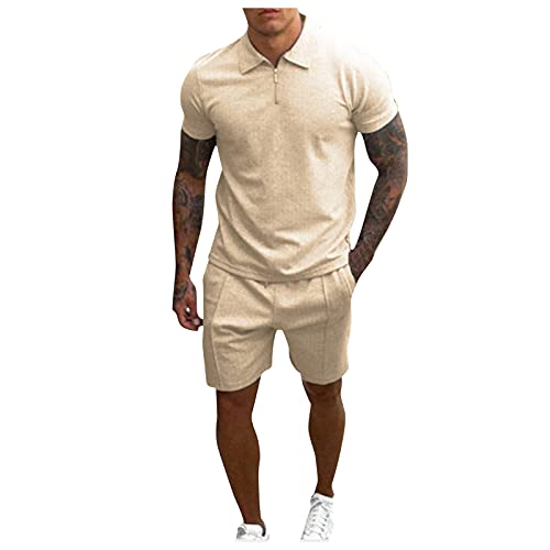 Burband 2021 Men’s Short Set 2 Piece Outfits Muscle Slim Fit Henley Shirt and Shorts Pants Sweatsuit Summer Tracksuits Khaki, Large