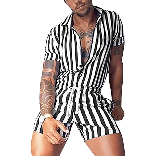 Men’s Short Sleeve Romper Jumpsuit Male One Piece Overall with Pocket Summer Beach Outfits Tracksuit Black