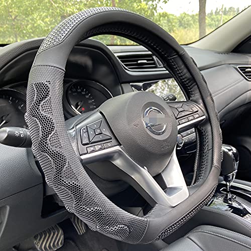 PINCTROT D Shaped 14.5 – 15 Inch Steering Wheel Cover Great Grip with 3D Honeycomb Anti-Slip Design, Flat Bottom 14.5 – 15 Inch (All Black)