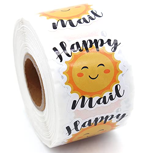 Littlefa 1.5” Happy Mail with Sun Design Stickers,Mail Stickers,Bakeries Stickers,Handmade Stickers,Small Business Stickers, Envelopes Stickers, Gift Bags Packaging 500 PCS