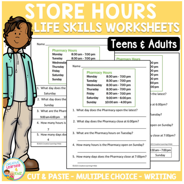Life Skills: Reading Store Hours Worksheets – Special Education