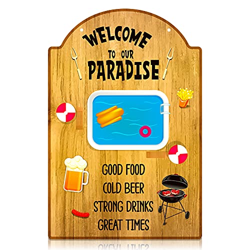 FLYAB Funny Patio Decor Sig Welcome to Our Paradise Sign 8″x12″ Patio Decoration Sign Outdoor Pool Backyard Bar Sign Farmhouse Sign Plaque for Backyard Home Wall Decoration