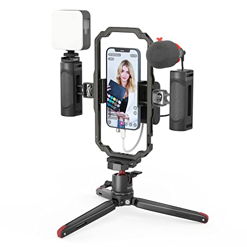 SmallRig Universal Phone Video Rig Kit for iPhone, Smartphone and Cameras, Phone Stabilizer Rig w/ Tripod Microphone LED Light Side Handle Power Bank Holderm, for Vlogging & Live Streaming – 3384B