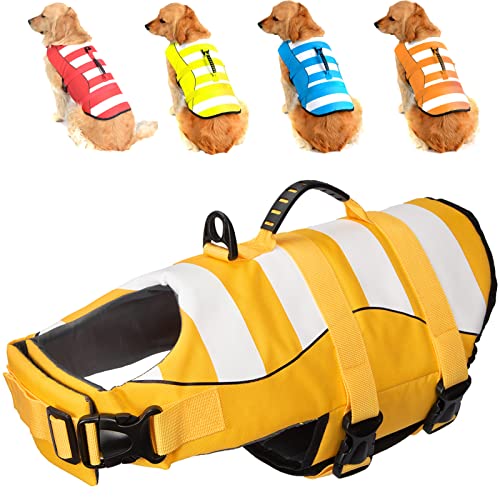 Fragralley Dog Life Jacket Safety Vests for Swimming Superior Buoyancy & Rescue Handle High Visibility Dog Life Preserver Lifesaver Coat for Summer (XXL (Chest Girth: 29.1″-38.6″) Cute Yellow)