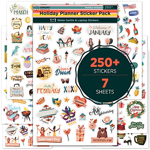 Happy Holiday Seasonal Planner Stickers – 500+ Cute Stickers for Daily Planners – Monthly Events, Halloween, Calendars, Journal, Female Empowerment, Teachers, +6 Water Bottle Stickers Pack