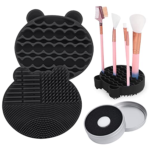 Silicon Makeup Brush Cleaning Mat with Brush Drying Holder Brush Cleaner Mat Portable Bear Shaped Cosmetic Brush Cleaner Pad+Makeup Brush Dry Cleaned Quick Color Removal Sponge Tool (New Black)